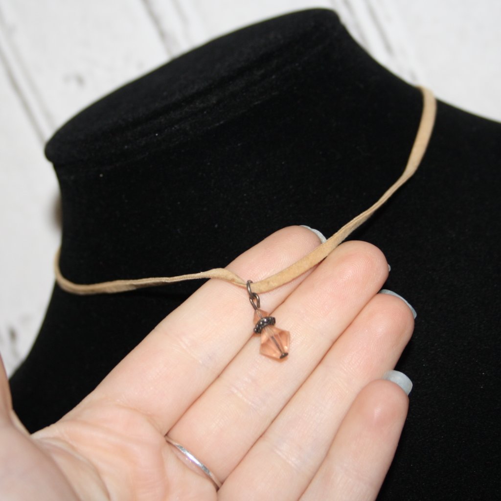 Beautiful Tan Suede Necklace 16-19 Pink Crystal Beaded Charm 10$
